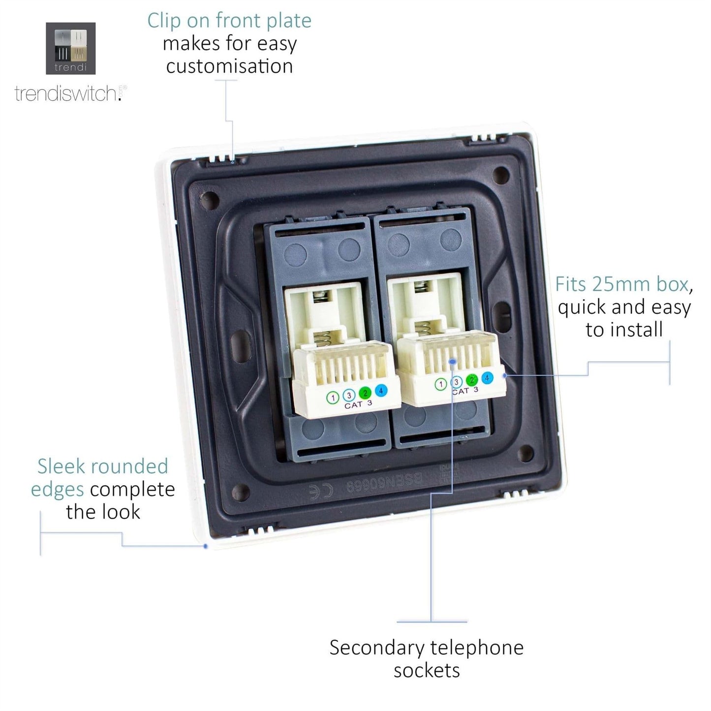 Trendi Switch 2 Gang Cat 3 Telephone Slave Socket in Midnight Blue