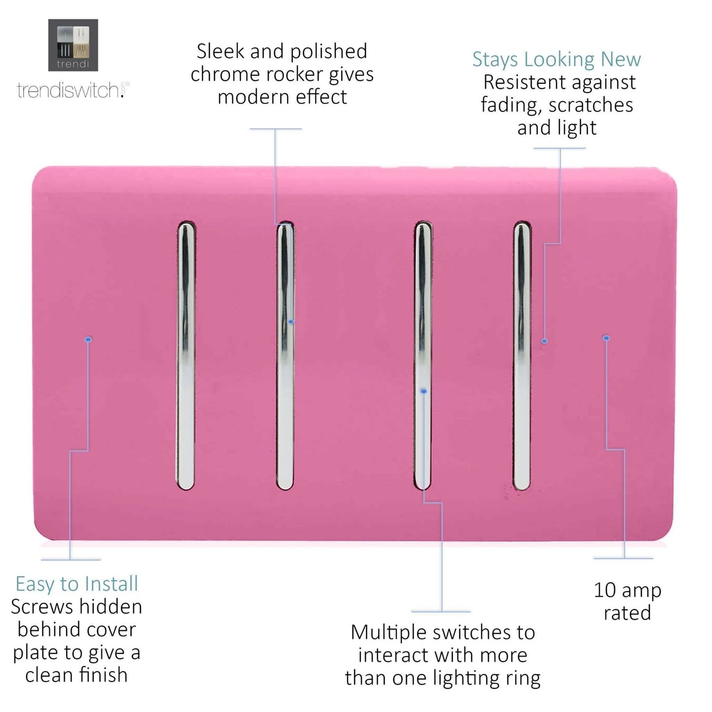 Trendi Switch 4 Gang Light Switch (2x 1 or 2 Way & 2 x Intermediate)in Candy Pink