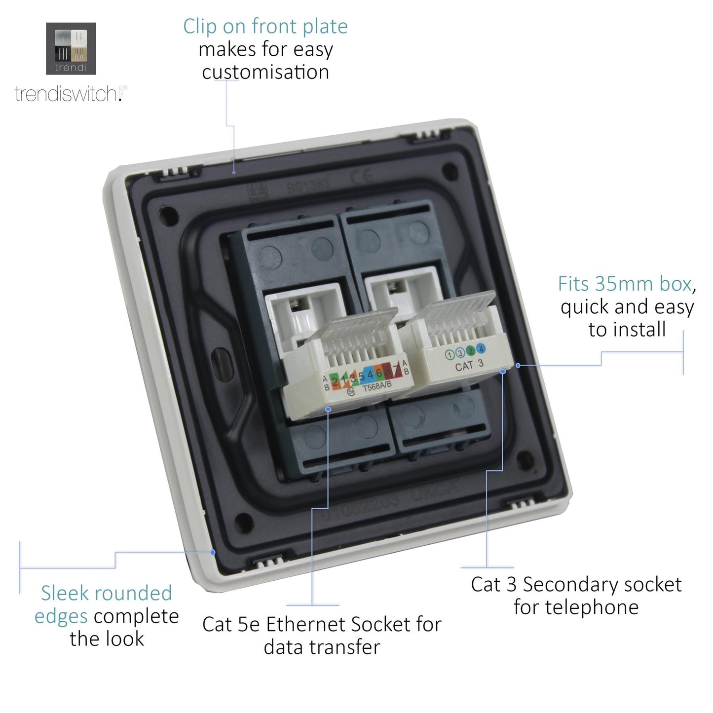 Trendi Switch 2 Gang RJ45 Cat 5e Ethernet & Telephone Secondary Sockets Matt White - ART-TLP+PCMWH