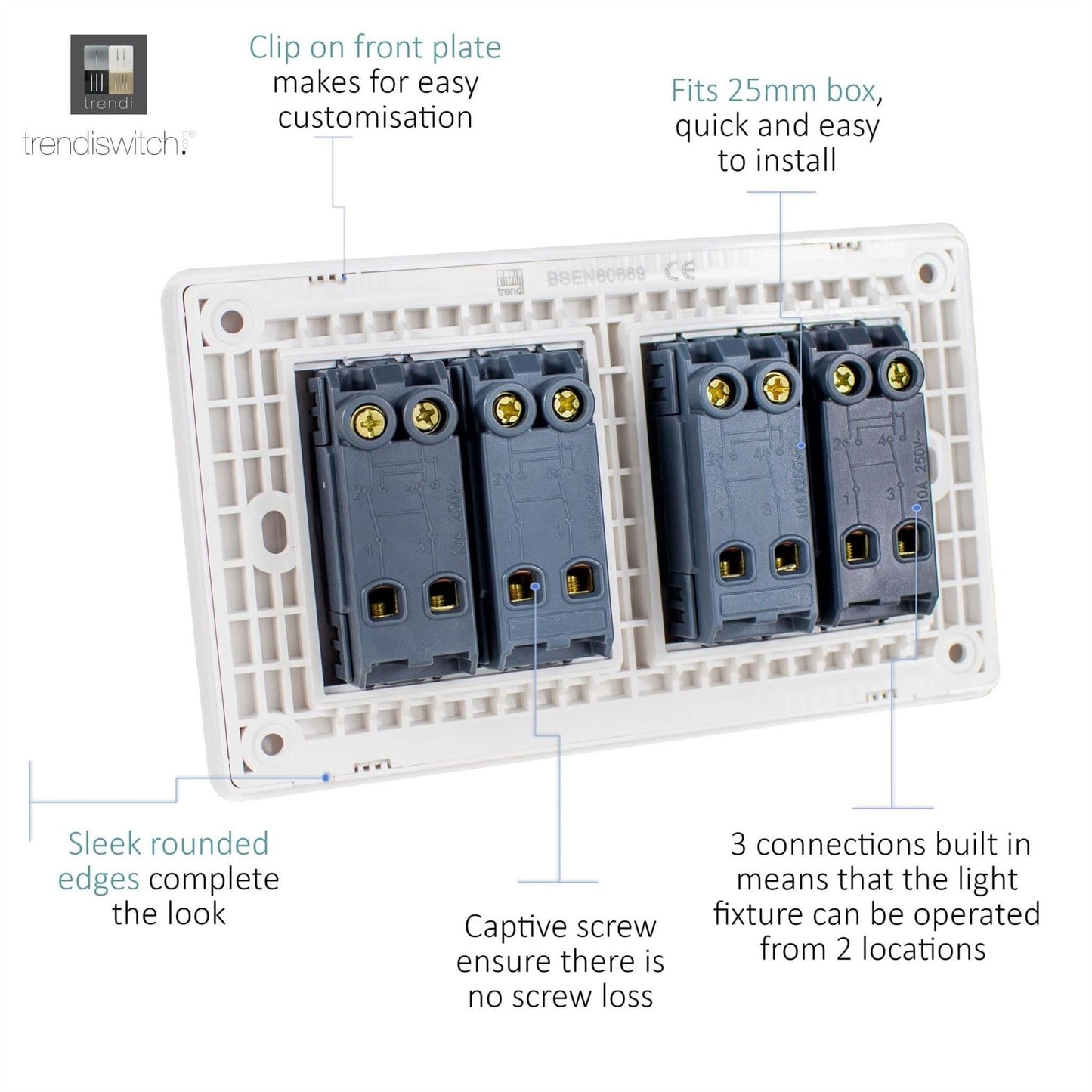 Trendi Switch 4 Gang Intermediate Rocker Light Switch in Ice White