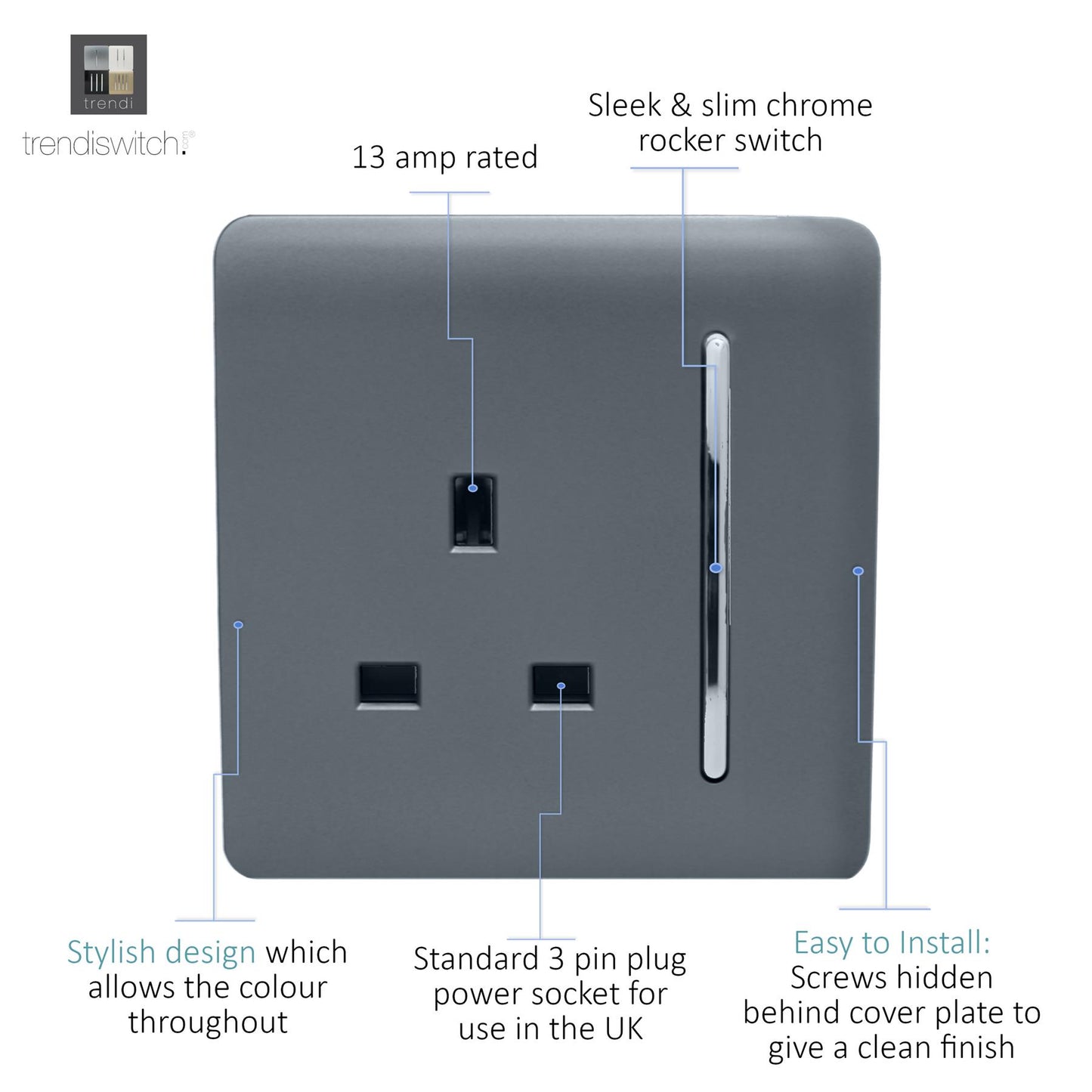 Trendi Switch 1 Gang 13 Amp Switched Plug Socketin Warm Grey