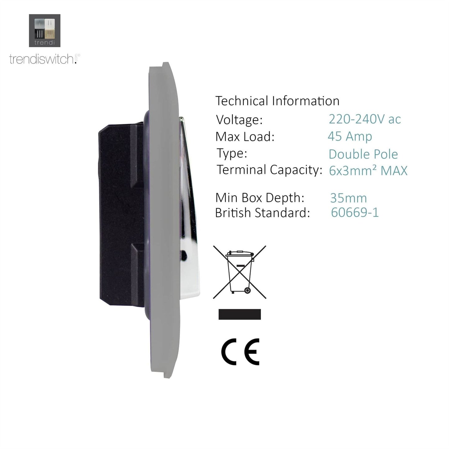 Trendi Switch 1 Gang 45 Amp Cooker Switch with Neonin Light Grey