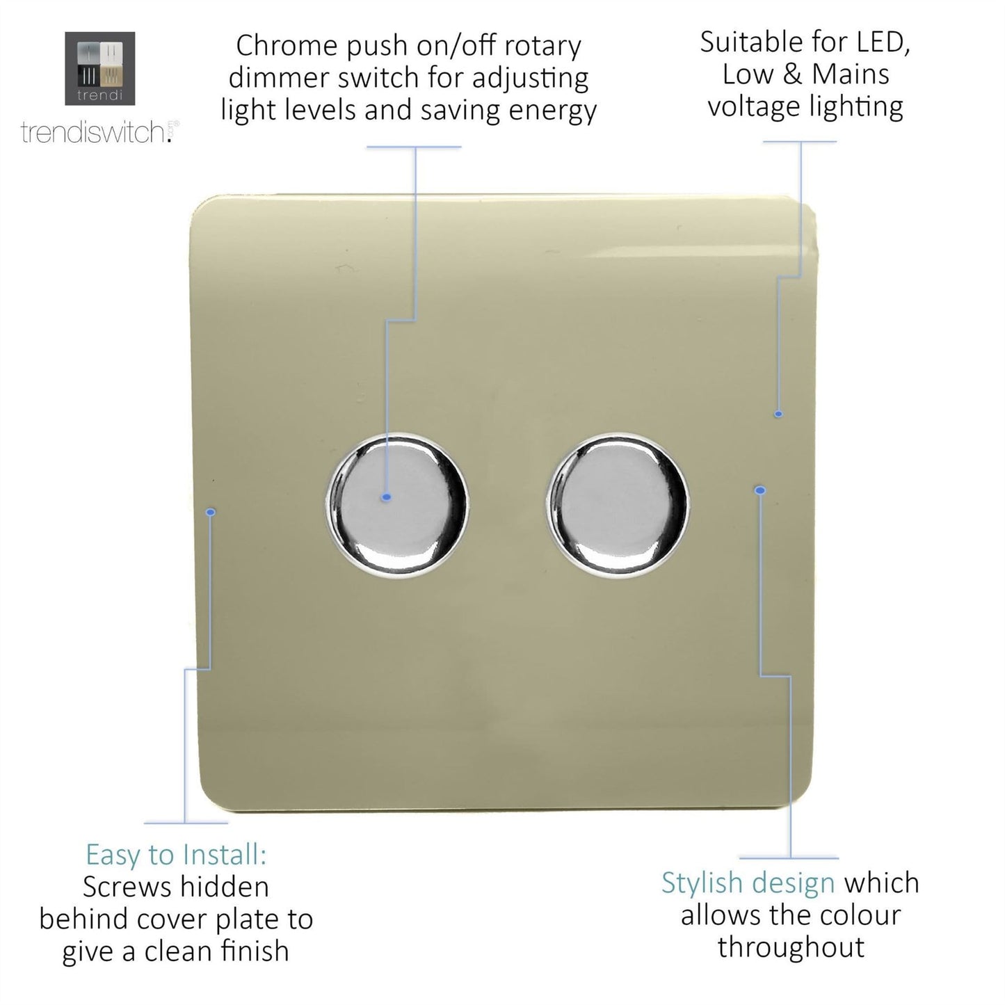 Trendi Switch 2 Gang 1 or 2 way 150w Rotary LED Dimmer Light Switchin Champagne Gold