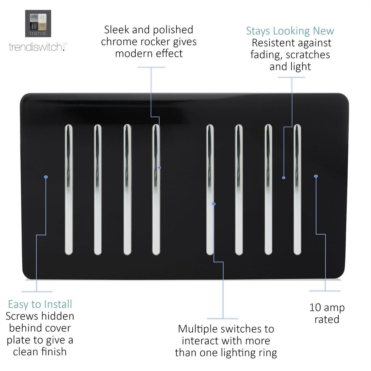 Trendi Switch 8 Gang 1 or 2 Way Light Switchin Piano Black