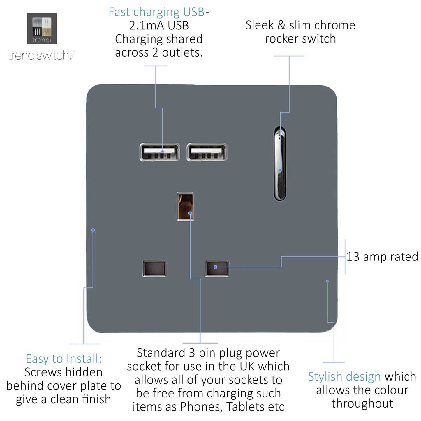 Trendi Switch 1 Gang USB 2100mA Plug Socketin Warm Grey