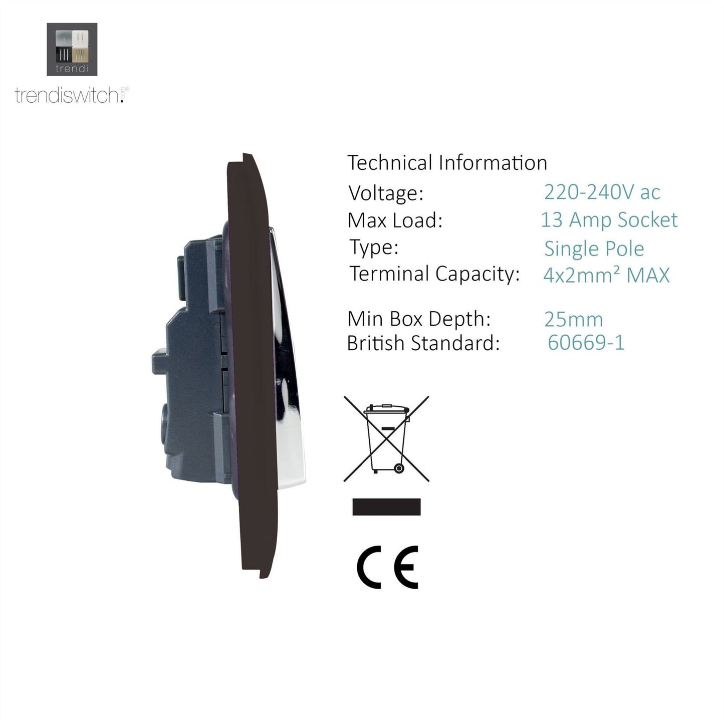 Trendi Switch 2 Gang Long Switched Plug Socketin Dark Mocha Brown
