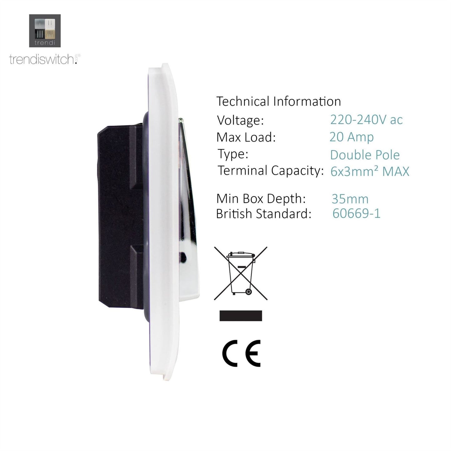 Trendi Switch 1 Gang 20 Amp Heavy Duty Rocker Switch in Ice White