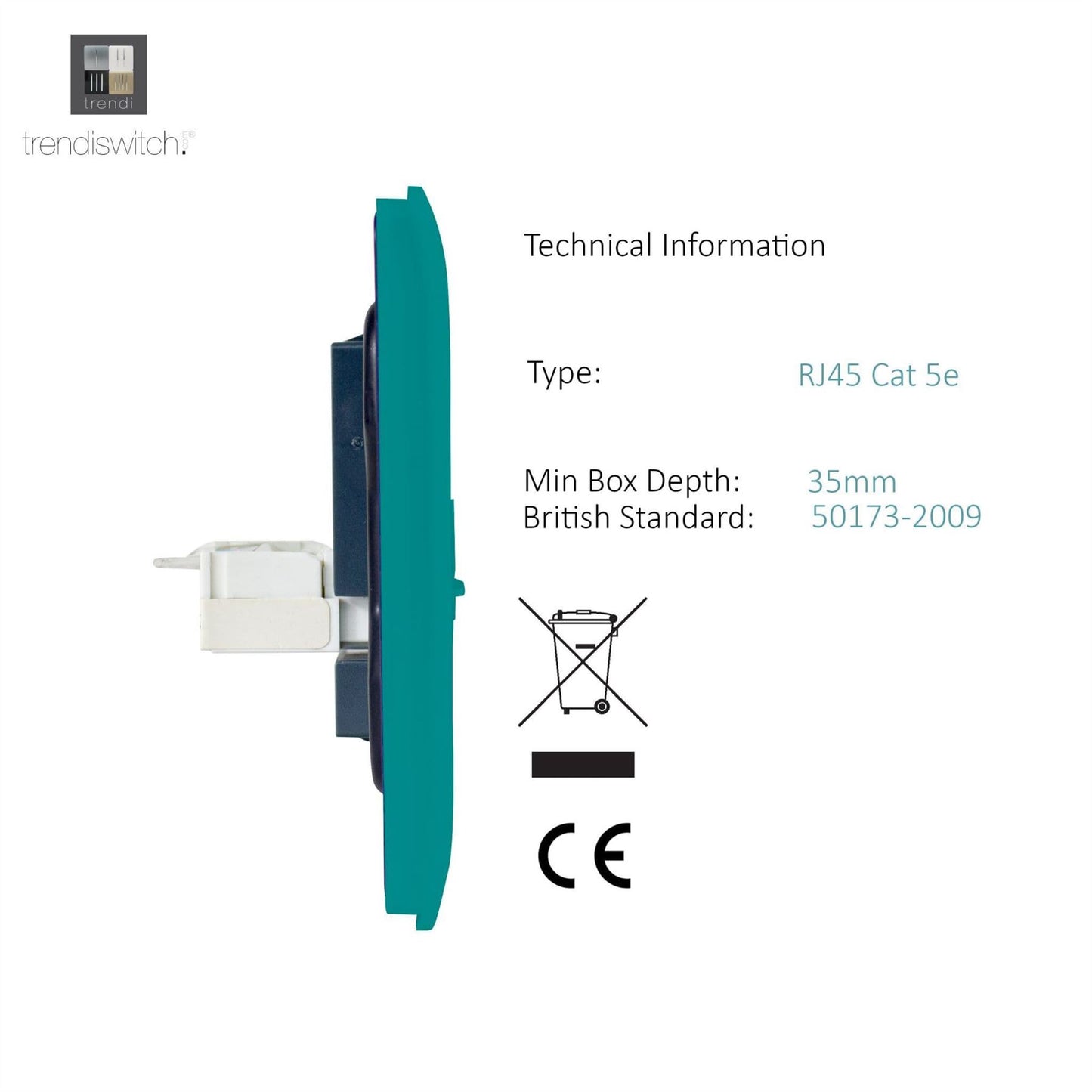 Trendi Switch 1 Gang RJ45 Cat 5e PC Ethernet Socketin Bright Teal