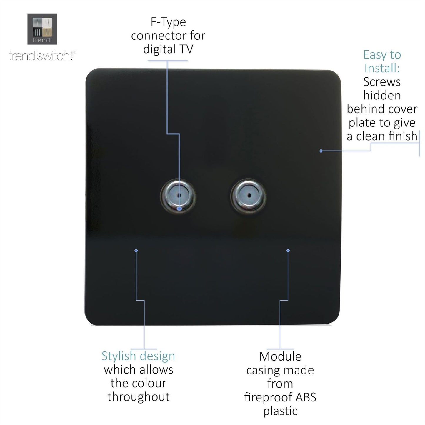 Trendi Switch 2 Gang Male F-Type Satellite Television Socketin Piano Black