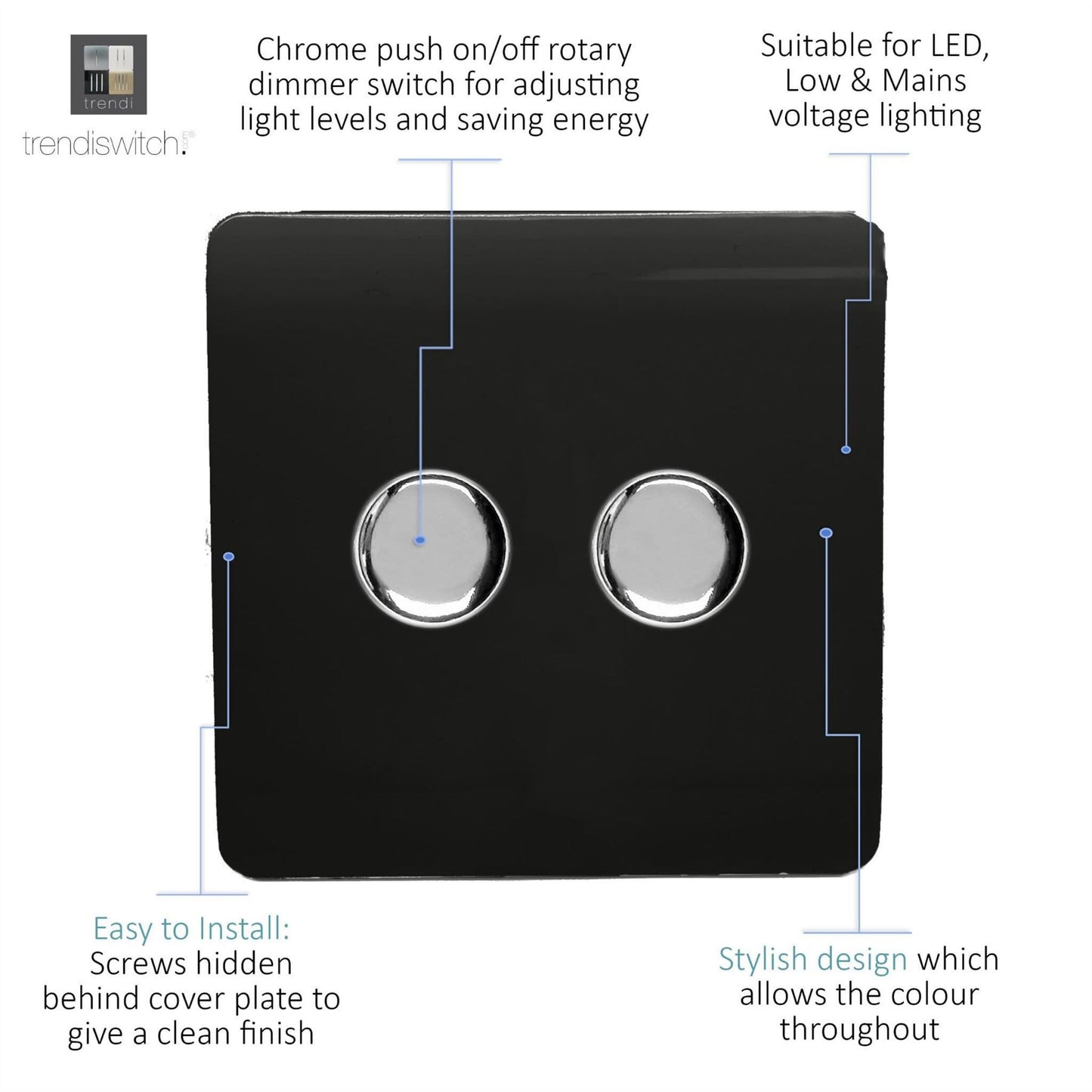 Trendi Switch 2 Gang 1 or 2 way 150w Rotary LED Dimmer Light Switchin Piano Black