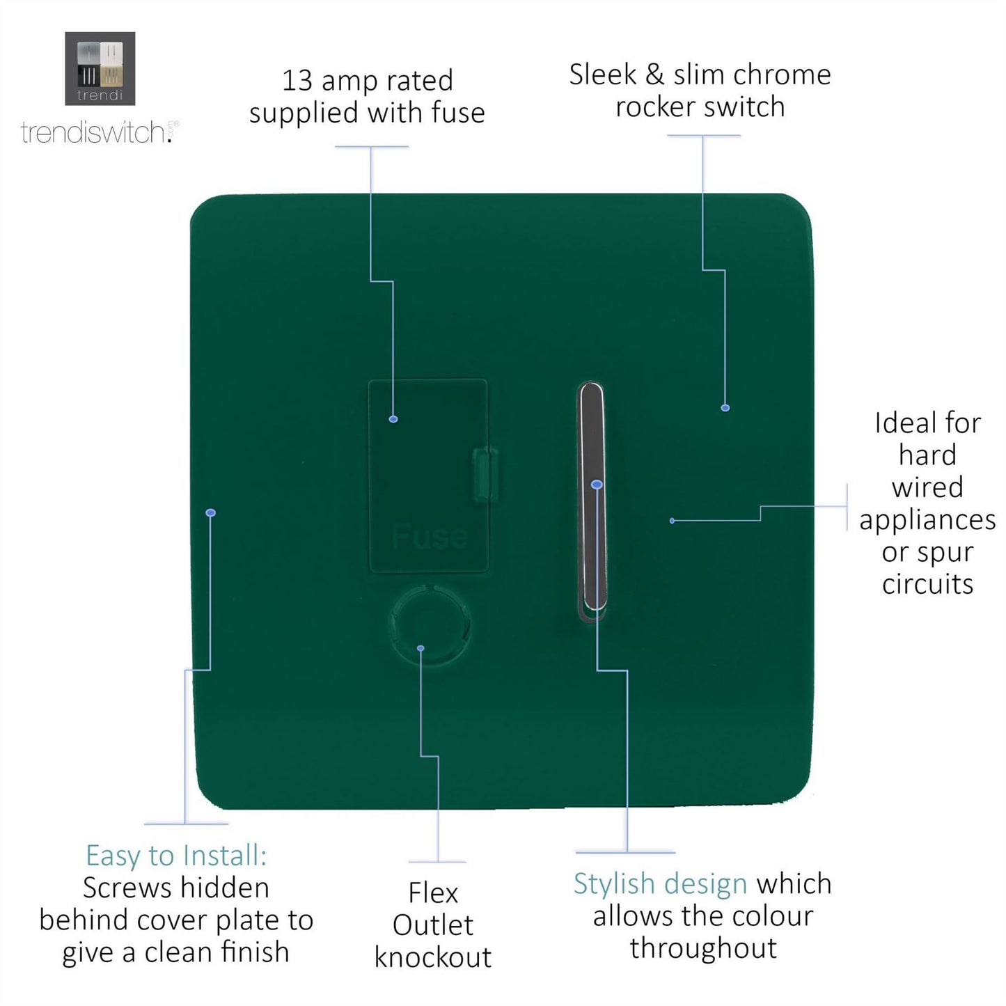Trendi Switch 13 Amp Fused Spur with Flex Outletin Dark Forest Green