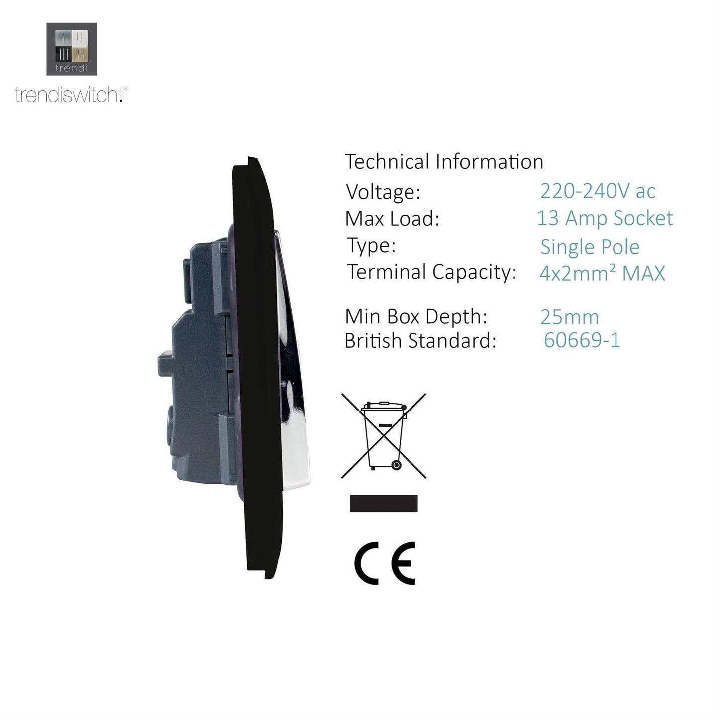 Trendi Switch 2 Gang Long Switched Plug Socketin Matt Black