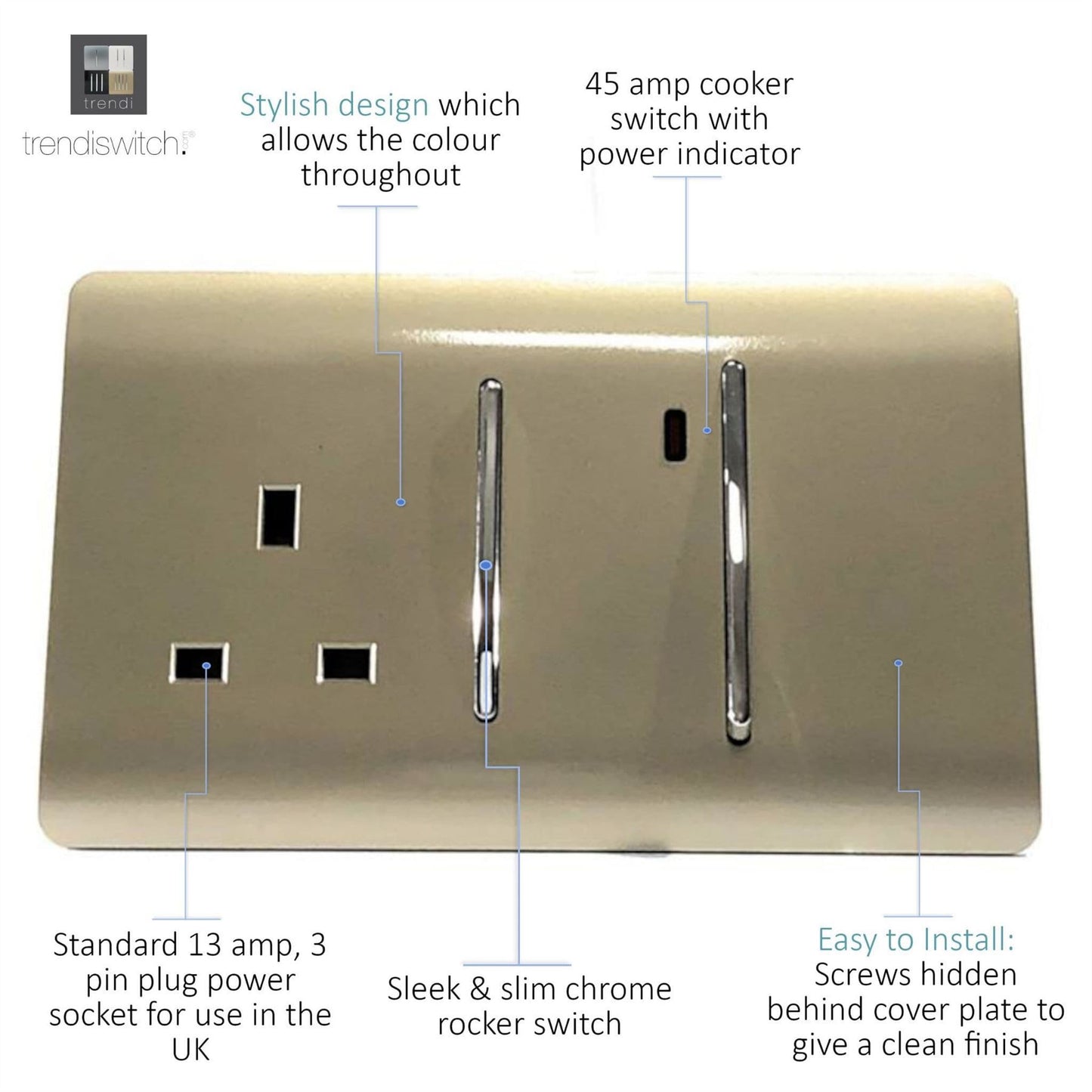 Trendi Switch 45 Amp Cooker Switch & 13 Amp Plug Socket with Neonin Champagne Gold