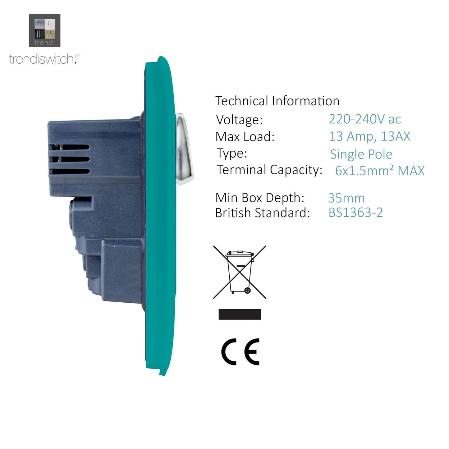 Trendi Switch 2 Gang 4 Port USB 2100mA Plug Socketin Bright Teal