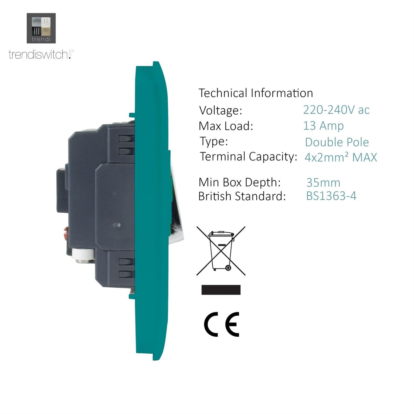 Trendi Switch 13 Amp Fused Spur with Flex Outletin Bright Teal