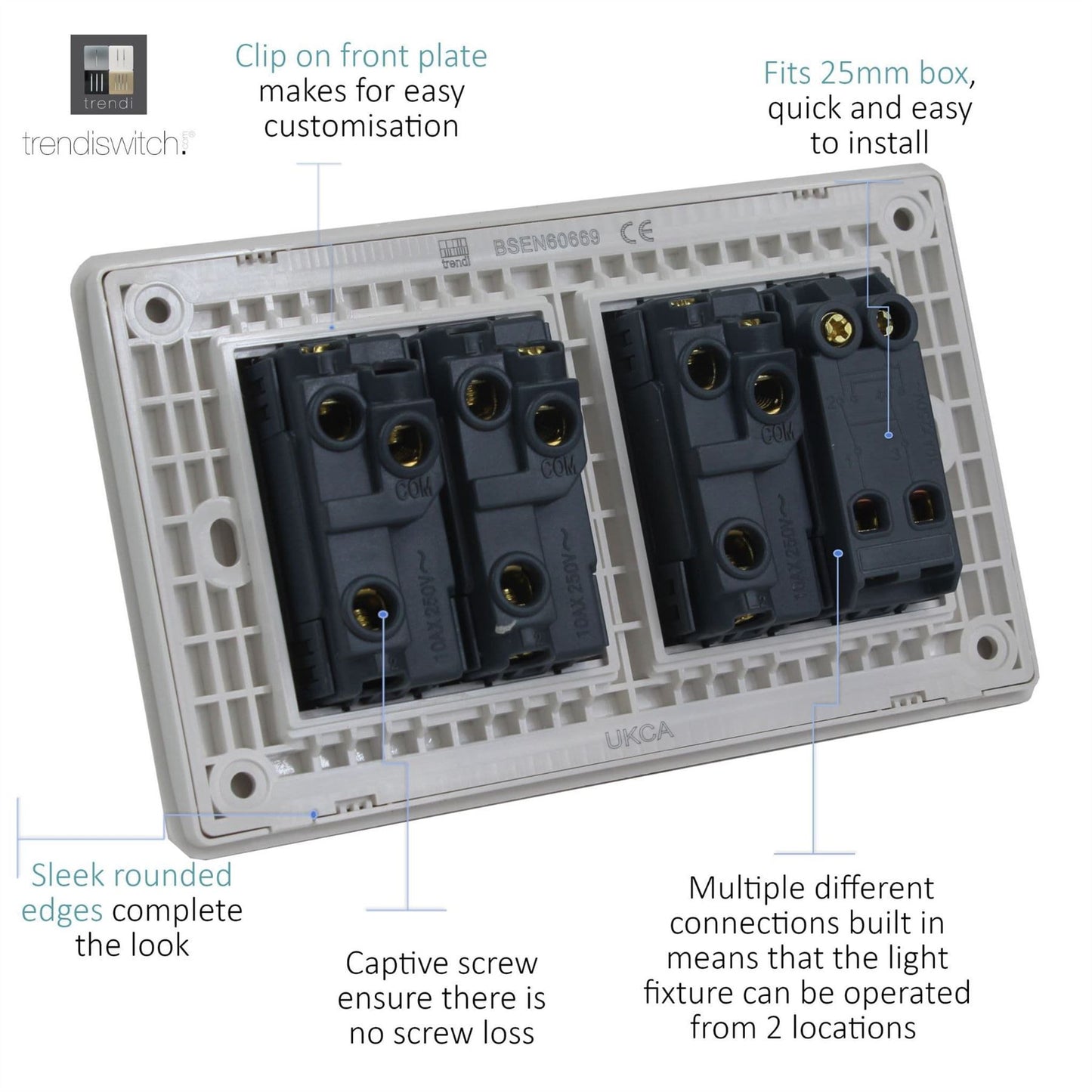 Trendi Switch 4 Gang Light Switch (3x 1 or 2 Way & 1 x Intermediate)in Copper