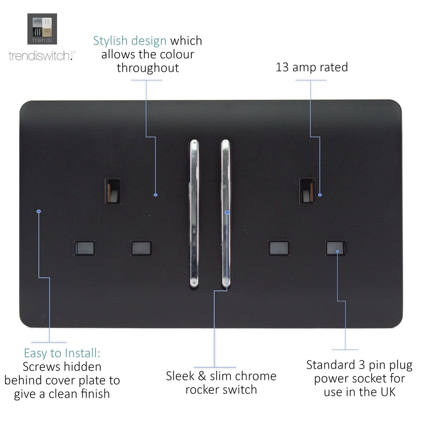 Trendi Switch 2 Gang Long Switched Plug Socketin Matt Black