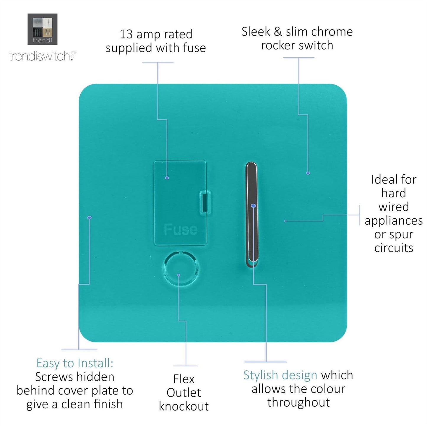 Trendi Switch 13 Amp Fused Spur with Flex Outletin Bright Teal