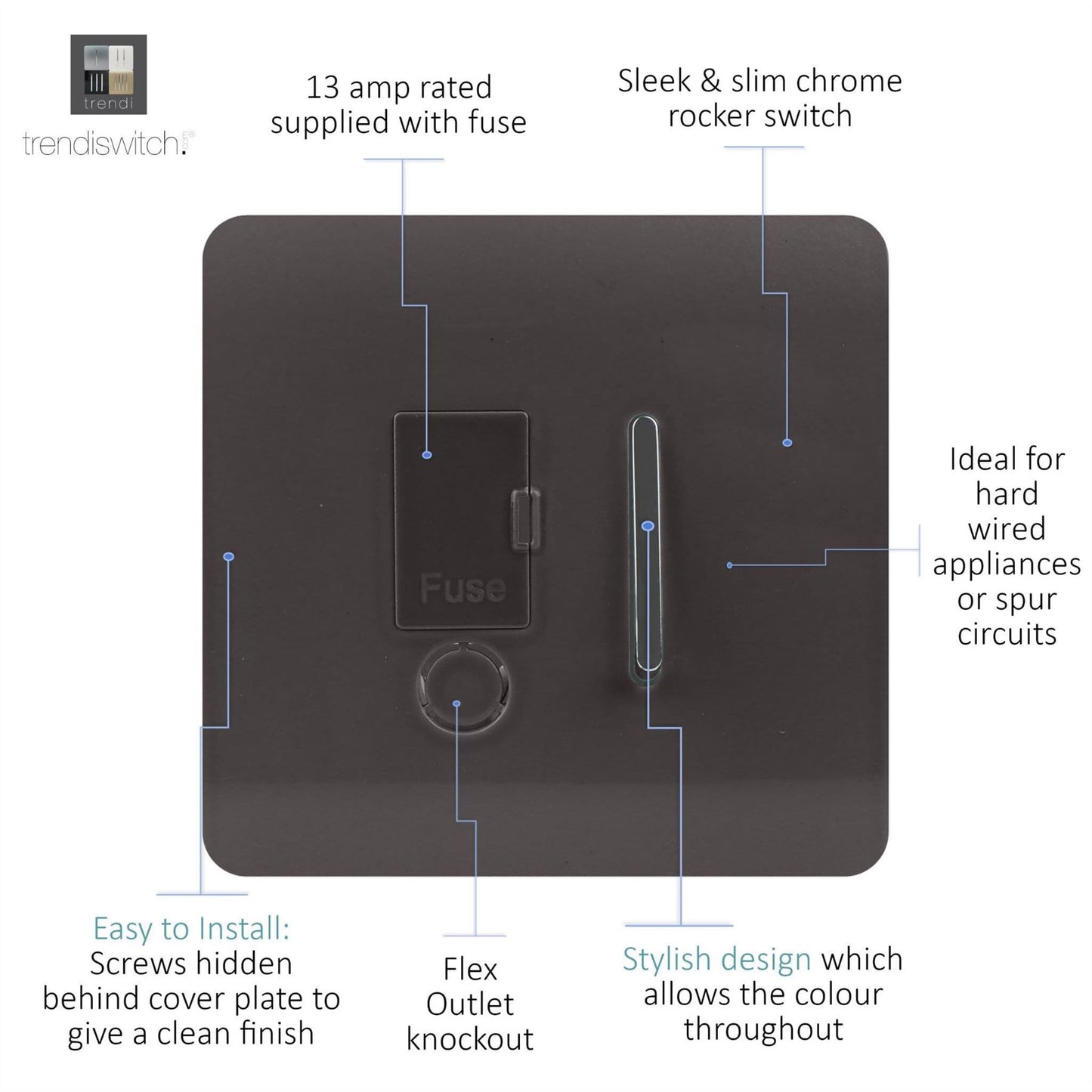 Trendi Switch 13 Amp Fused Spur with Flex Outletin Dark Mocha Brown