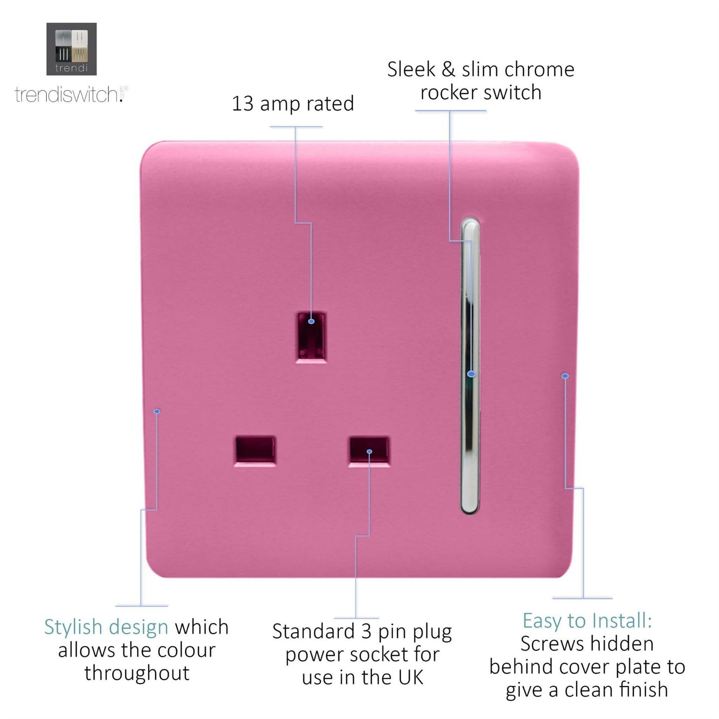 Trendi Switch 1 Gang 13 Amp Switched Plug Socketin Candy Pink