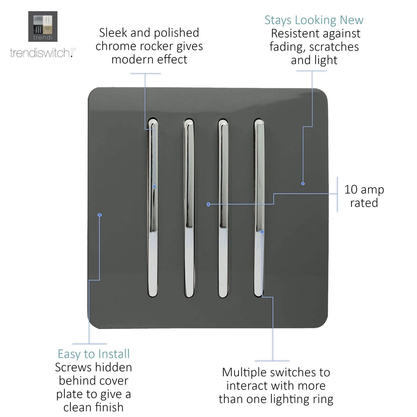 Trendi Switch 4 Gang 1 or 2 way Rocker Light Switchin Charcoal Grey