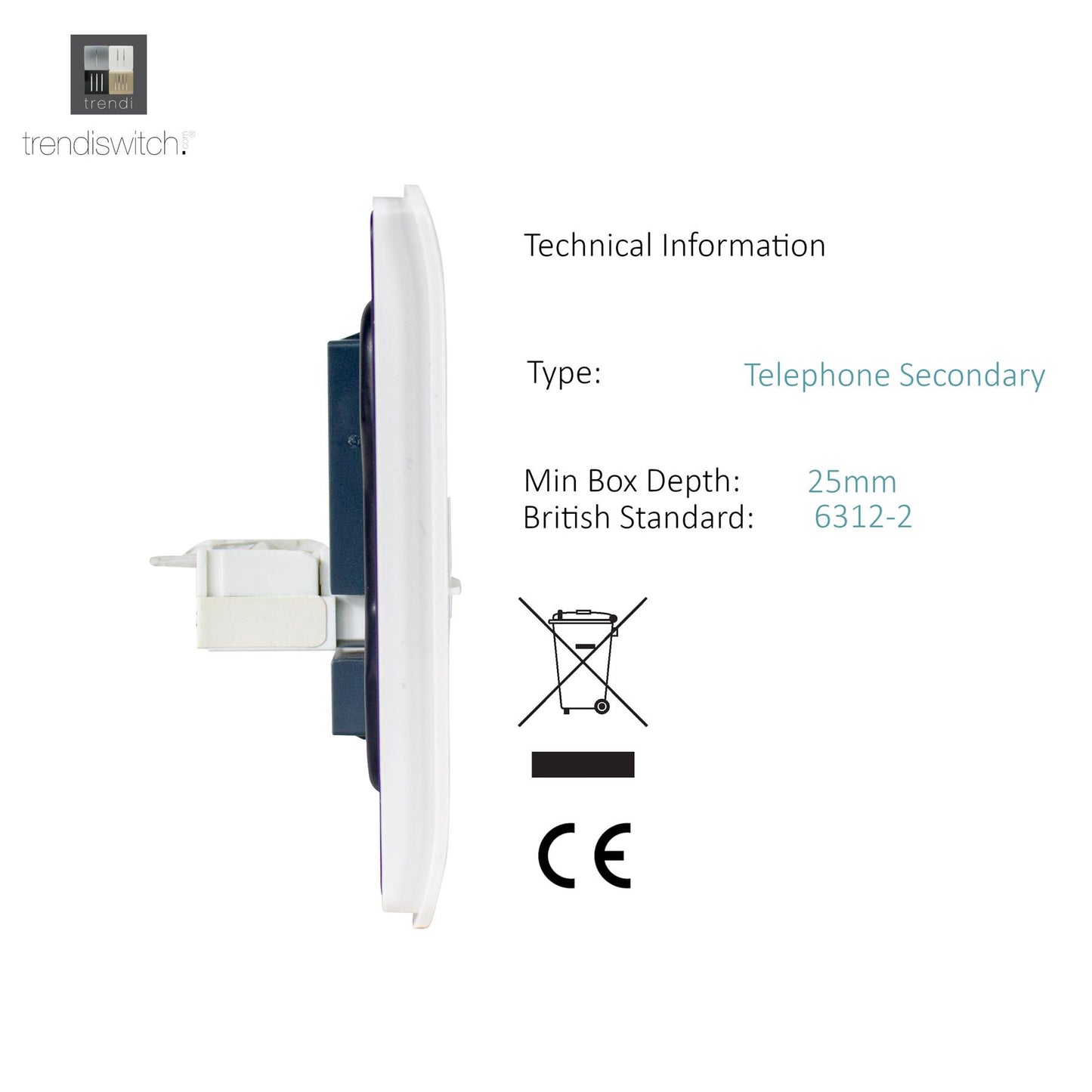 Trendi Switch 1 Gang Cat 3 Telephone Secondary Socket in Matt White - ART-TLPMWH