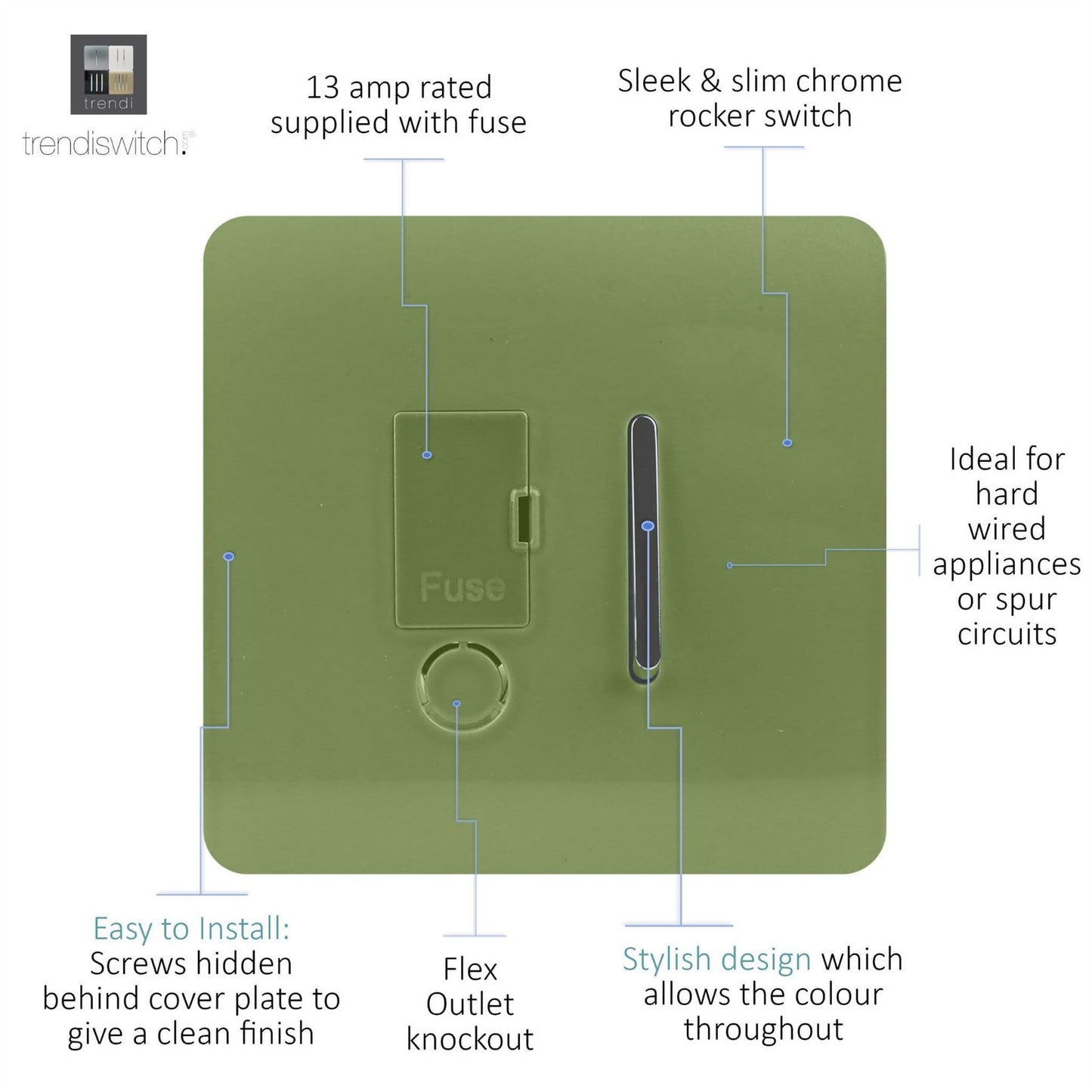 Trendi Switch 13 Amp Fused Spur with Flex Outletin Moss Green