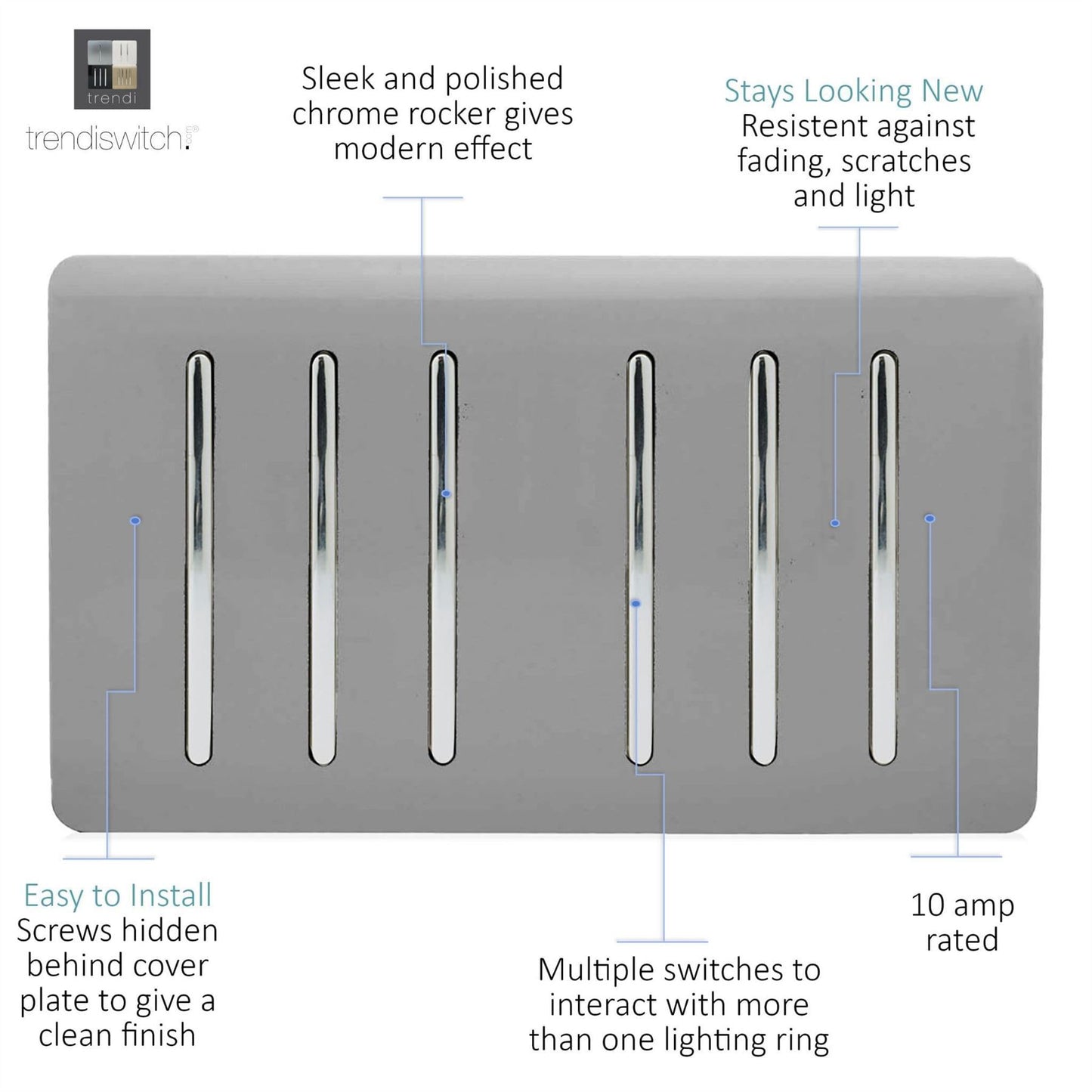 Trendi Switch 6 Gang 1 or 2 Way Light Switchin Light Grey