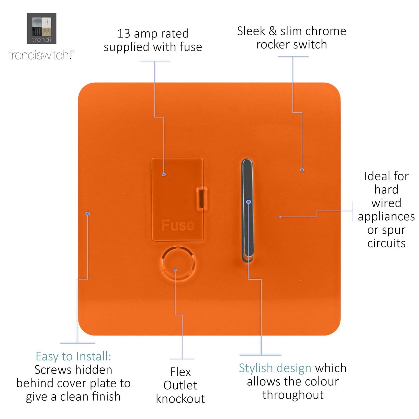 Trendi Switch 13 Amp Fused Spur with Flex Outletin Sunset Orange