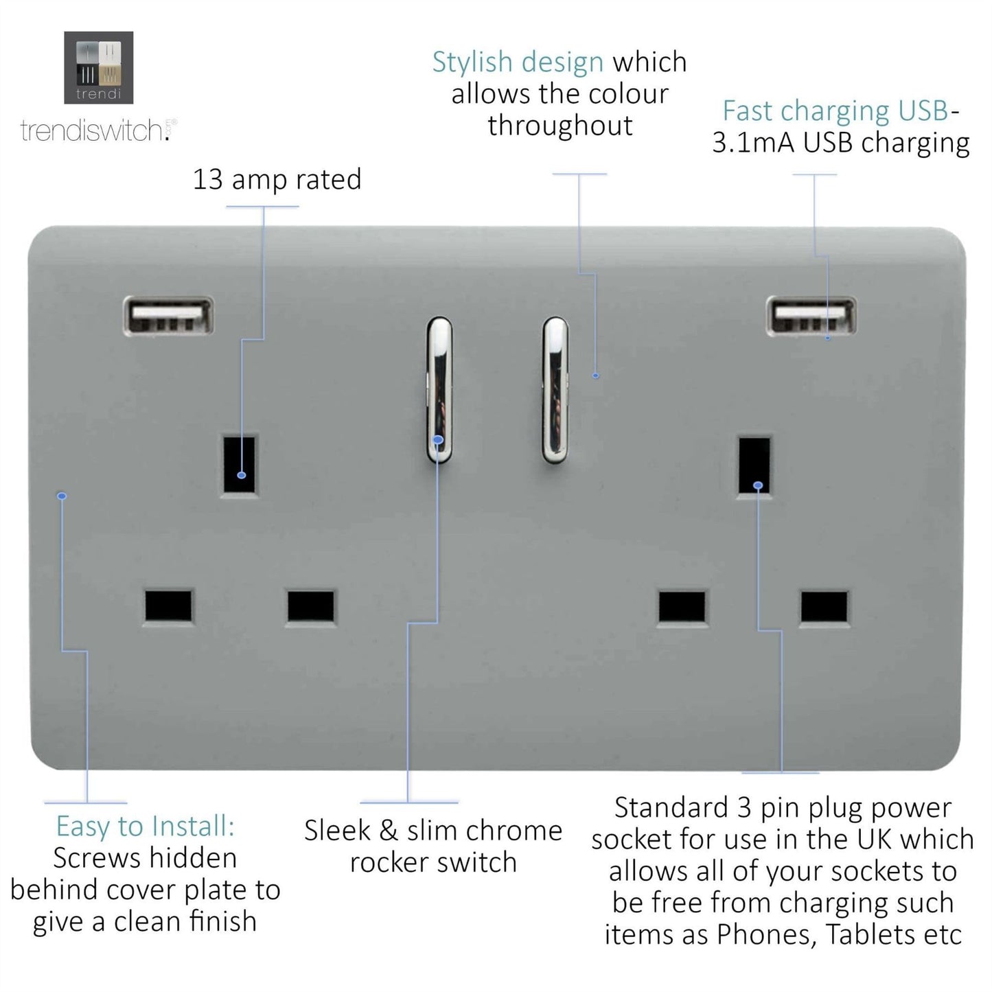 Trendi Switch 2 Gang USB 3100mA Plug Socketin Platinum Silver