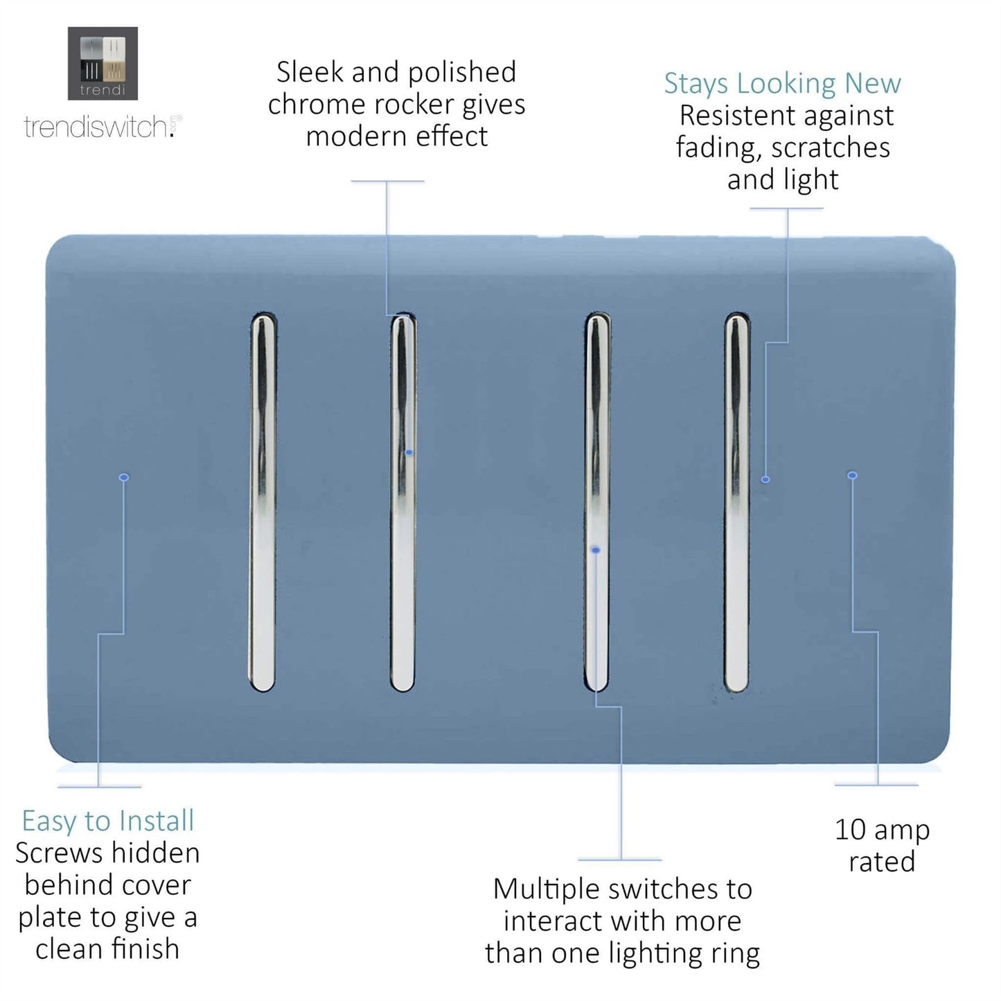 Trendi Switch 4 Gang Light Switch (1x 1 or 2 Way & 3 x Intermediate)in Sky Blue