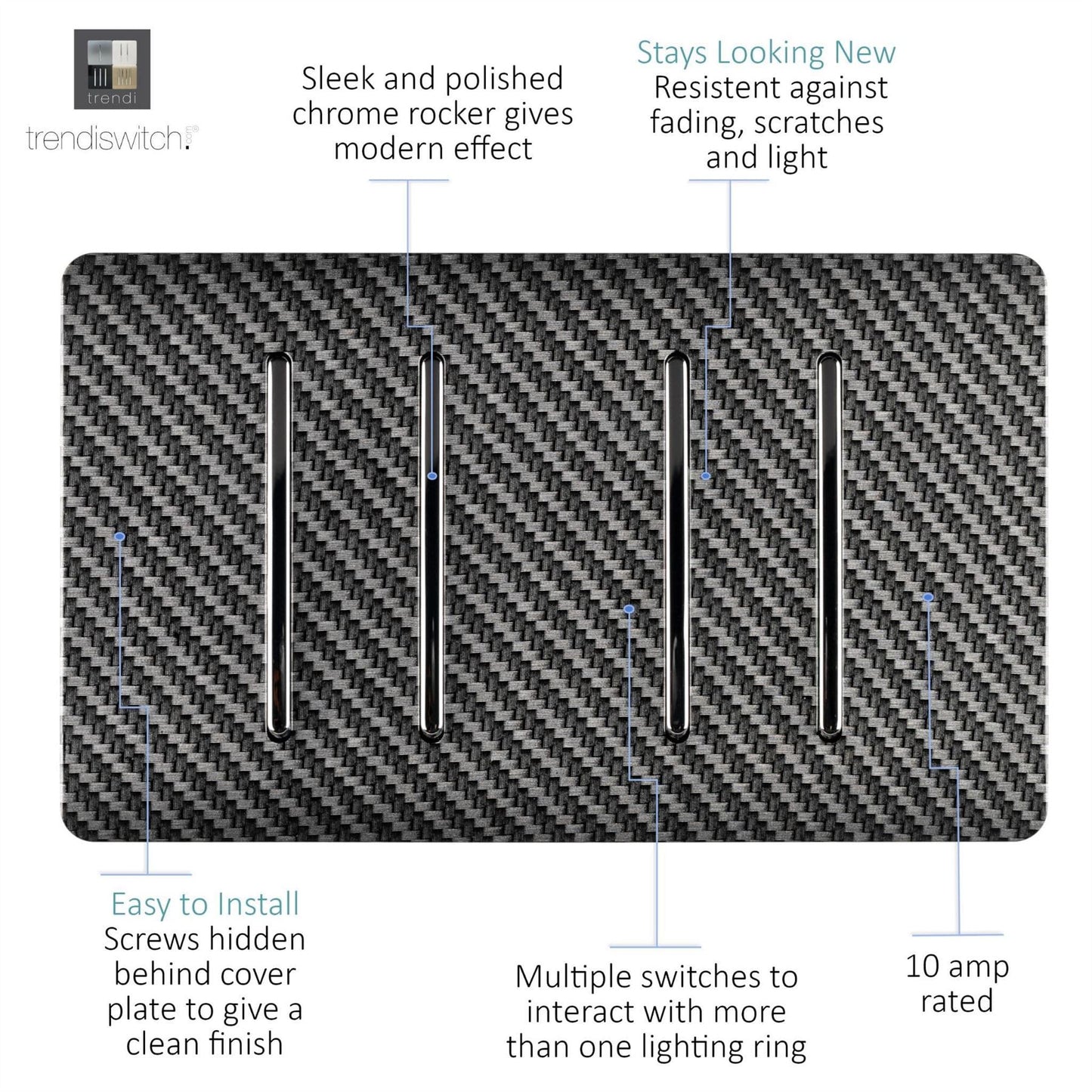 Trendi Switch 4 Gang Light Switch (3x 1 or 2 Way & 1 x Intermediate)in Carbon Fibre