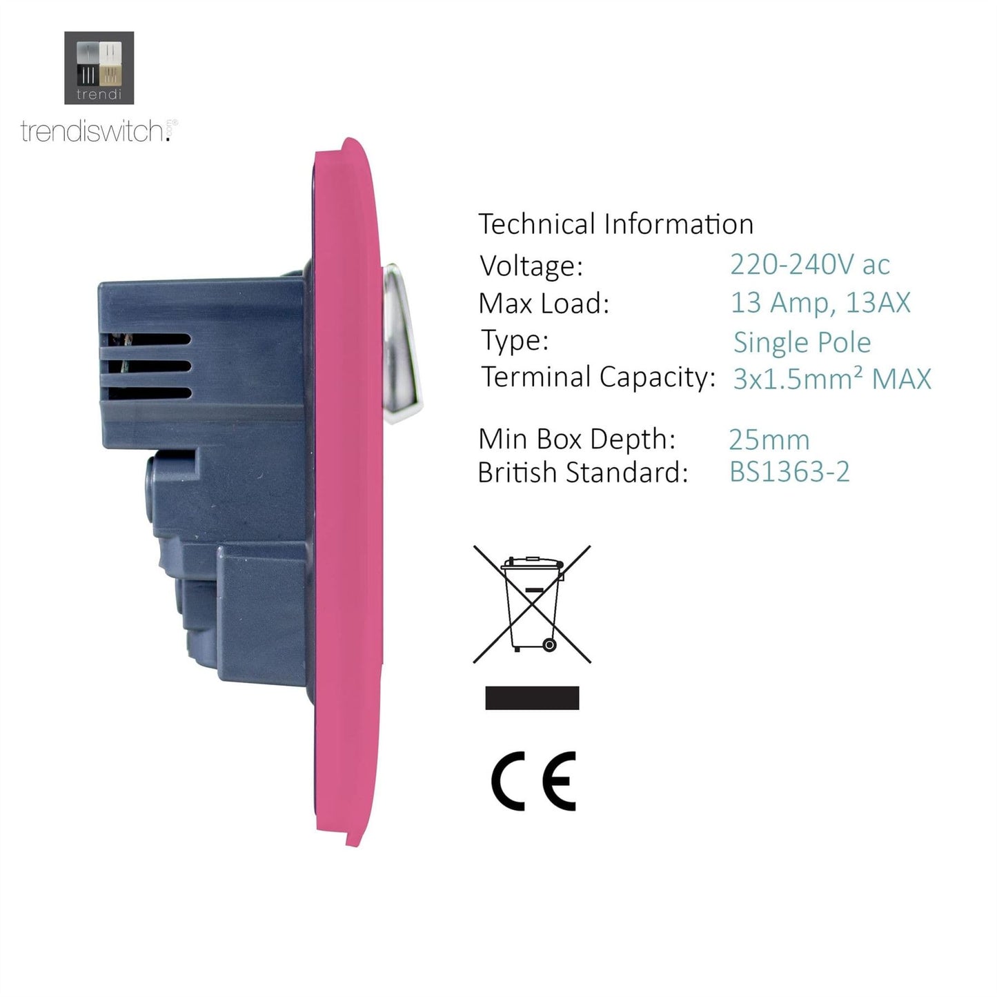 Trendi Switch 1 Gang USB 2100mA Plug Socketin Candy Pink