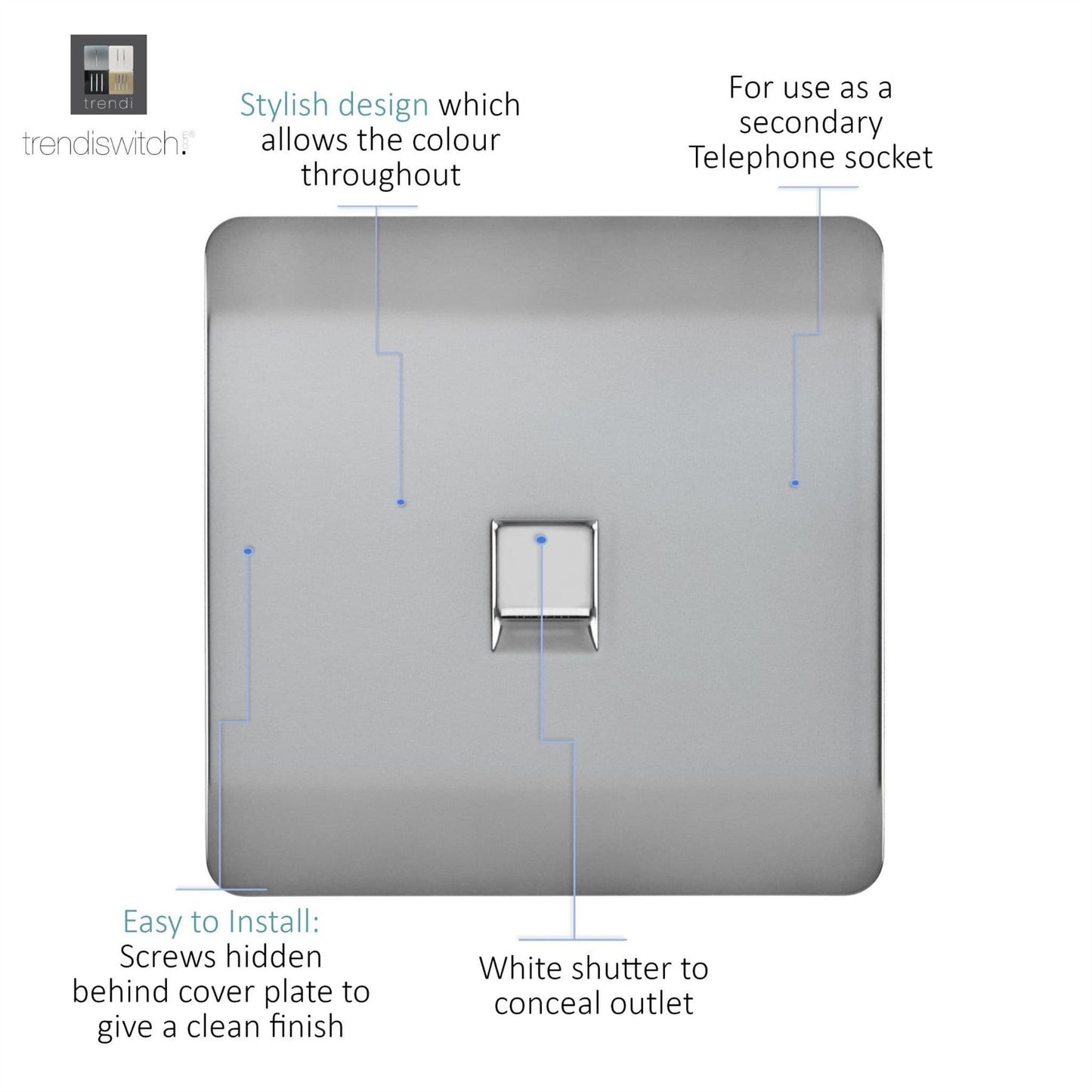 Trendi Switch 1 Gang Cat 3 Telephone Slave Socketin Brushed Steel