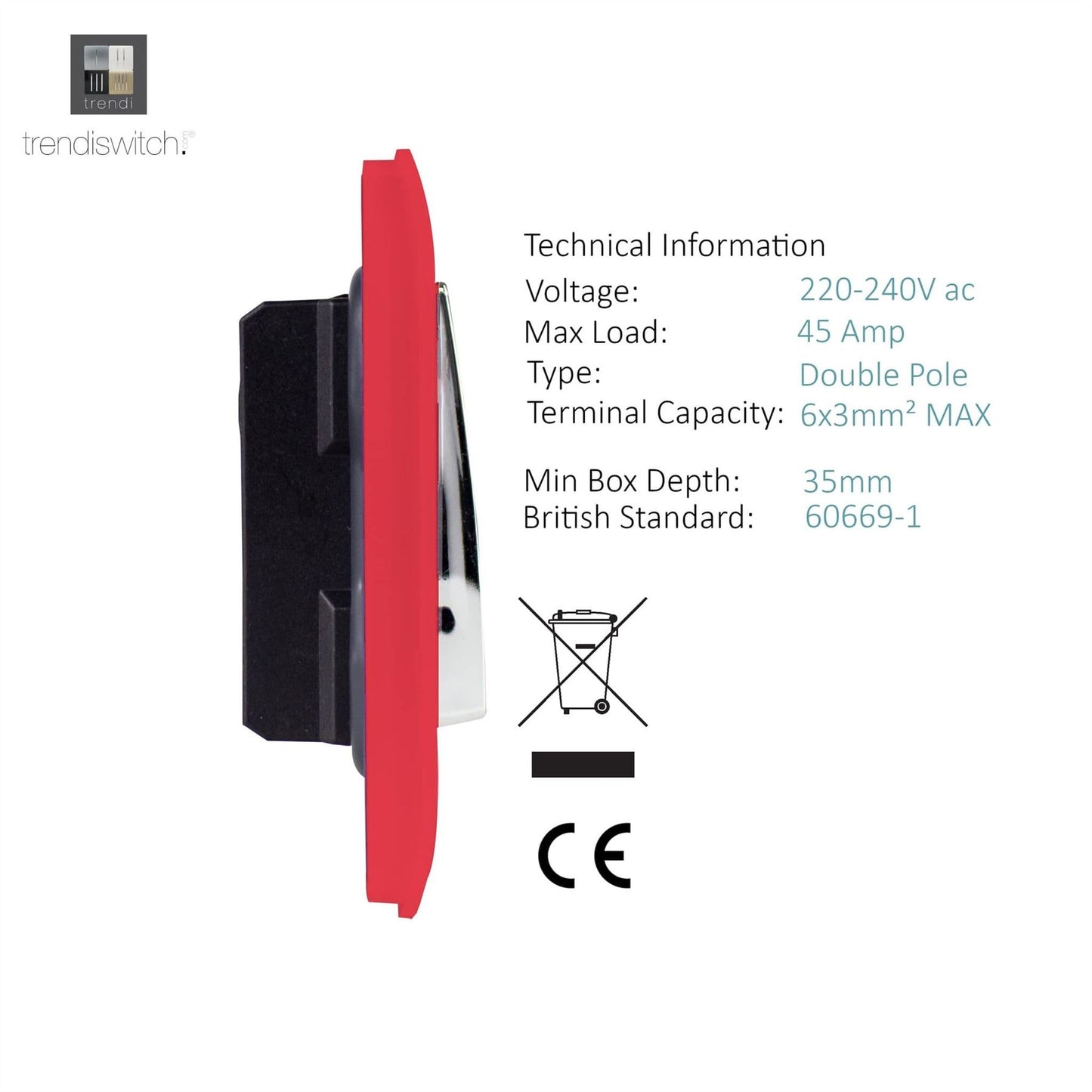 Trendi Switch 1 Gang 45 Amp Cooker Switch with Neonin Strawberry Red