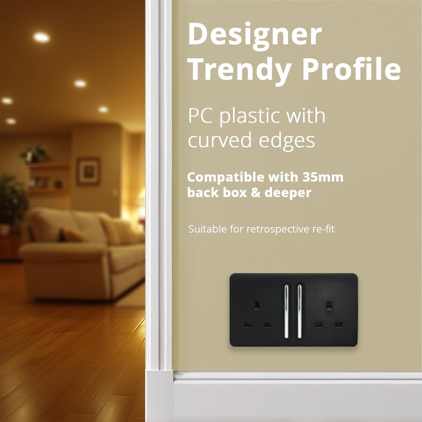Trendi Switch 2 Gang Long Switched Plug Socketin Piano Black
