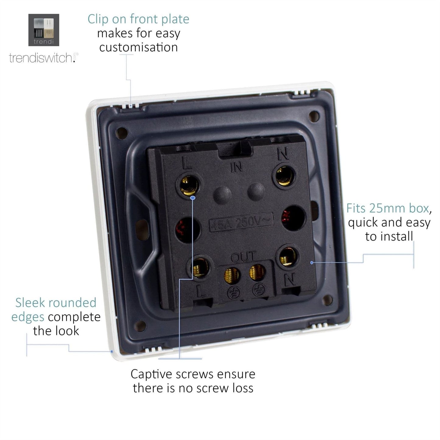 Trendi Switch 1 Gang 45 Amp Cooker Switch with Neonin Piano Black