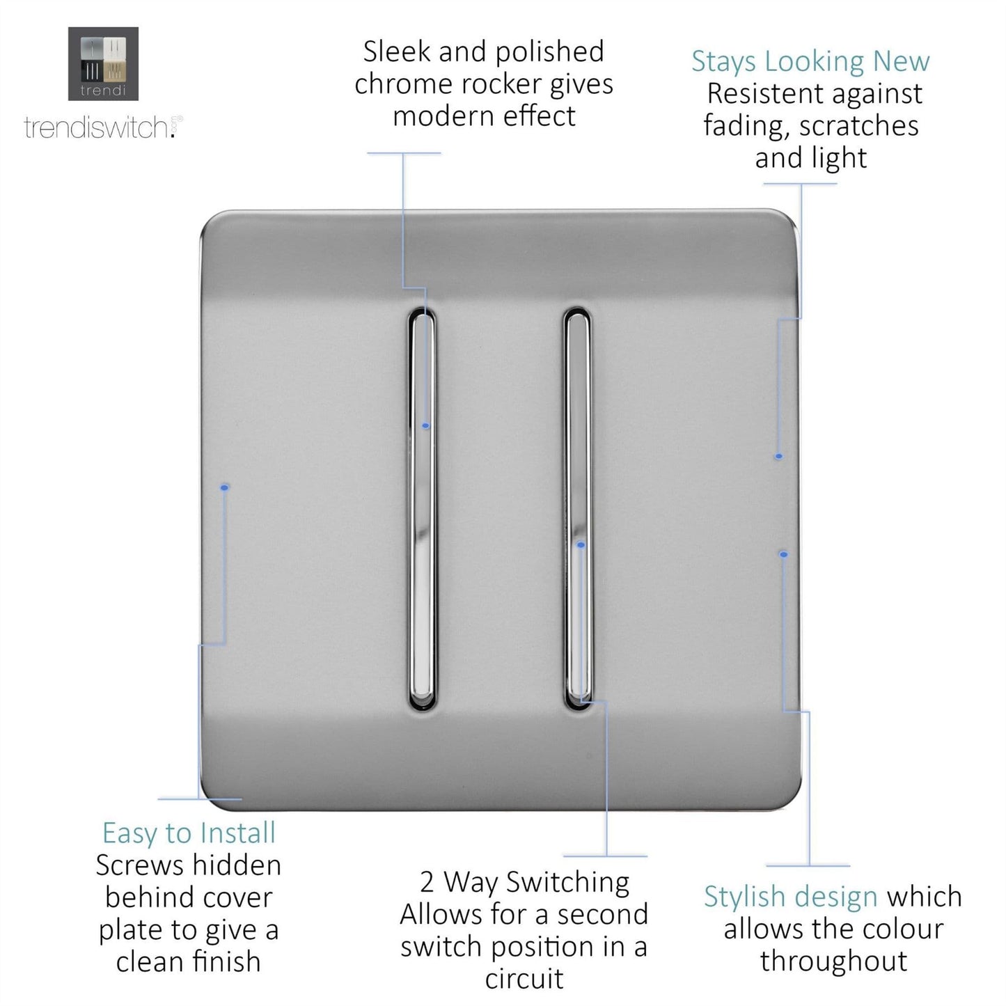 Trendi Switch 2 Gang 1 or 2 way Rocker Light Switchin Brushed Steel
