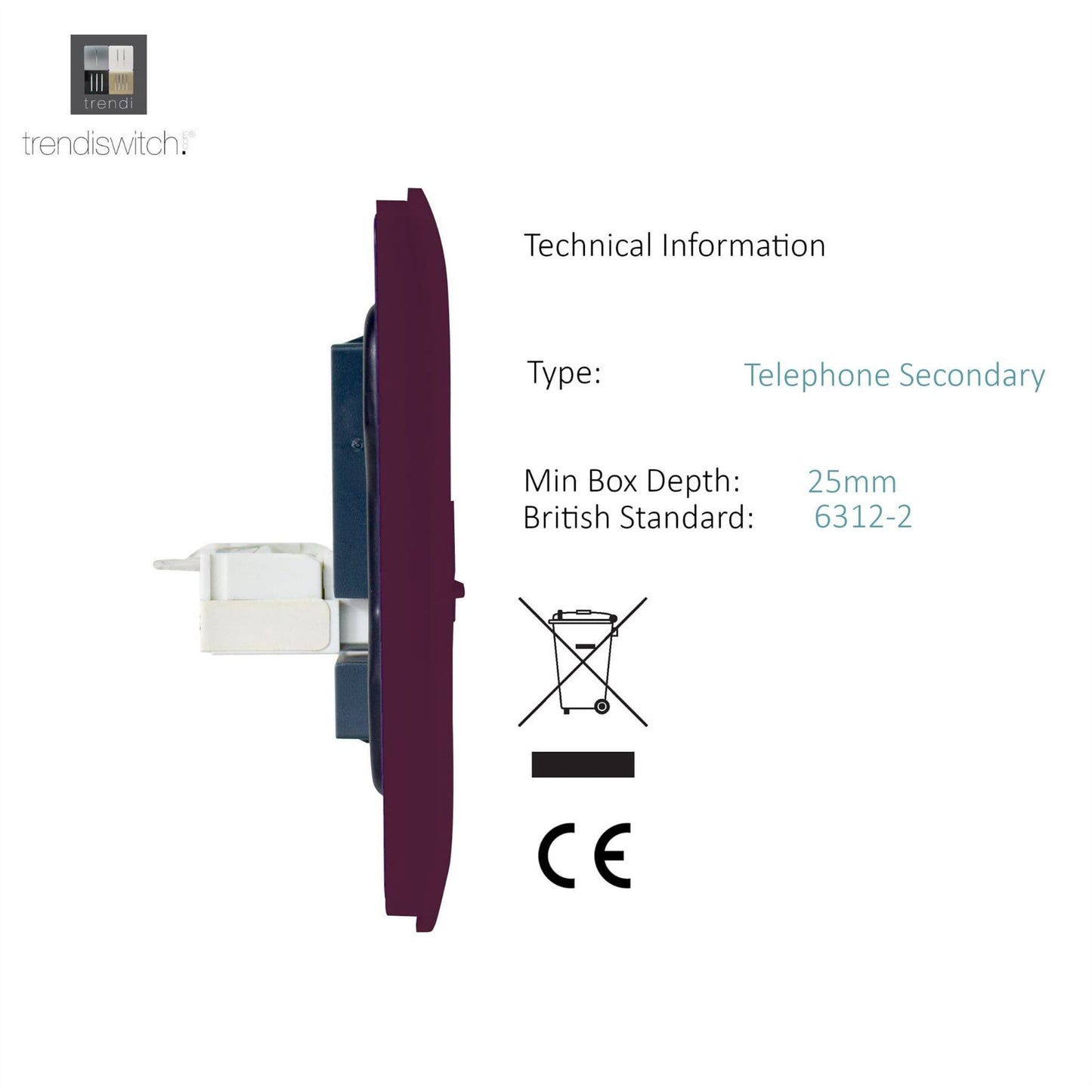 Trendi Switch 2 Gang Cat 3 Telephone Slave Socketin Plum Purple