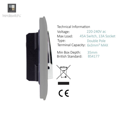 Trendi Switch 45 Amp Cooker Switch & 13 Amp Plug Socket with Neon in Light Grey