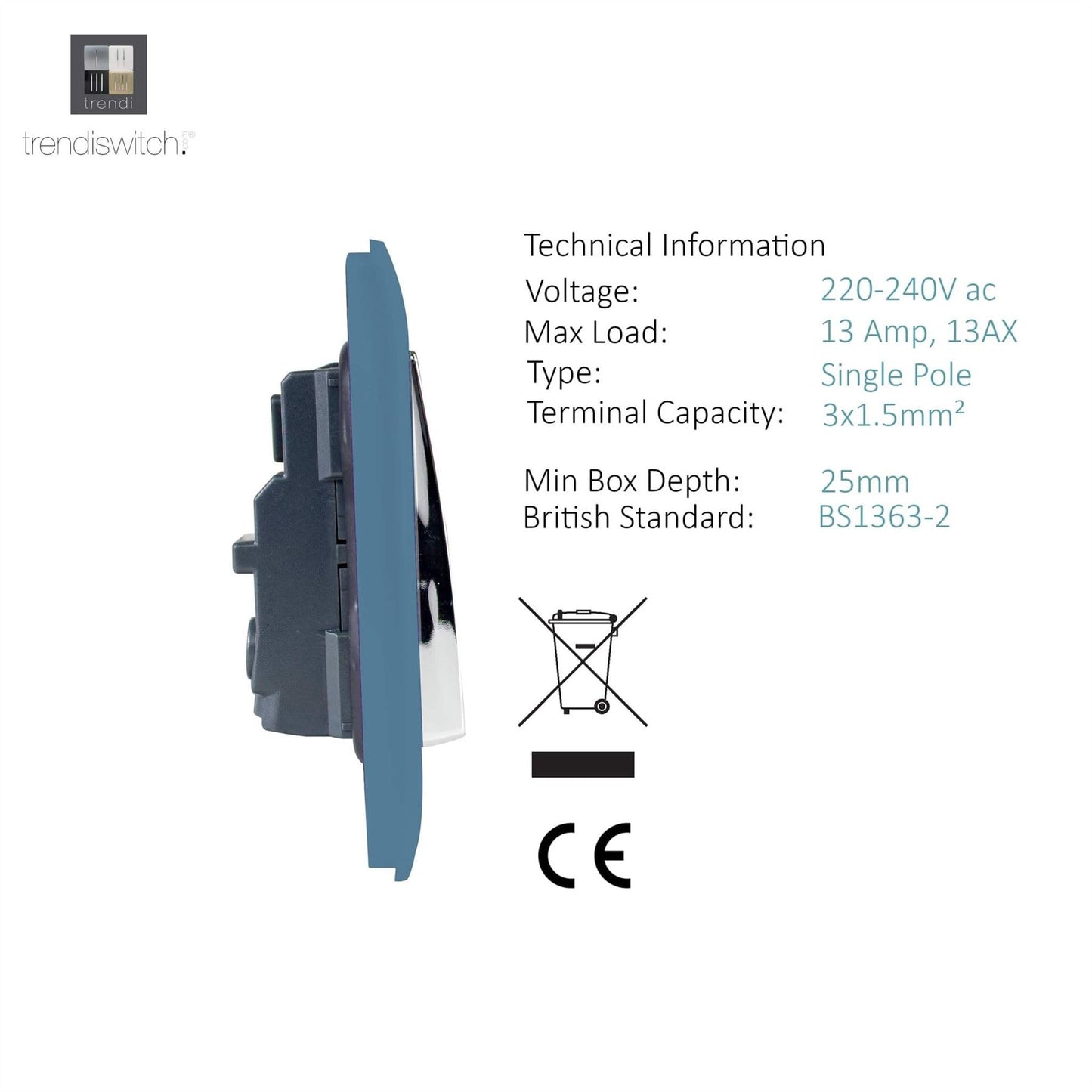 Trendi Switch 1 Gang 13 Amp Switched Plug Socketin Sky Blue