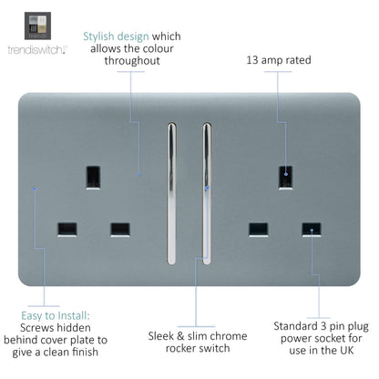 Trendi Switch 2 Gang Long Switched Plug Socket in Cool Grey
