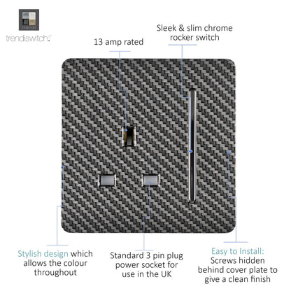Trendi Switch 1 Gang 13 Amp Switched Plug Socket in Carbon Fibre