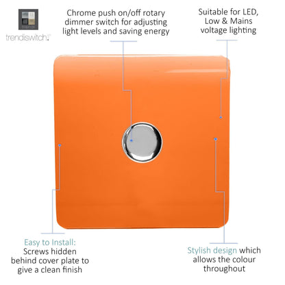 Trendi 1 Gang 2 Way 240V 100w LED Dimmer Screwless Raised Front Plate Plastic Artistic Modern Glossy 10 Amp Chrome Single Electrical Wall Light Switch in Sunset Orange- ART-LDMOR