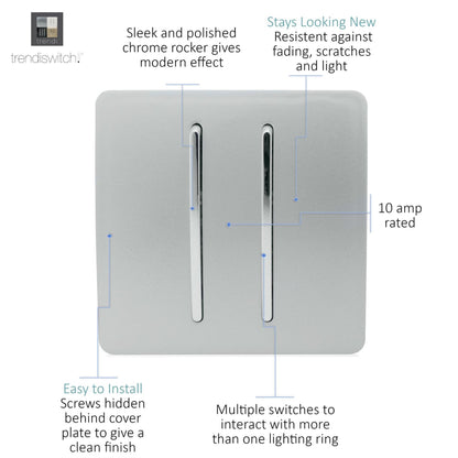 Trendi Switch 2 Gang Intermediate Rocker Light Switch in Platinum Silver