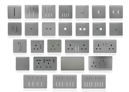Trendi 4 Gang 2 Way 240V 100w LED Dimmer Screwless Raised Front Plate Plastic Artistic Modern Glossy 10 Amp Chrome Single Electrical Wall Light Switch in Light Grey - ART-4LDMLG