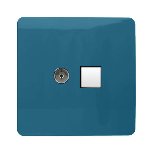 Trendi Switch 2 Gang Female TV Co-Axial & RJ45 Cat 5e PC Ethernet Socketsin Ocean Blue