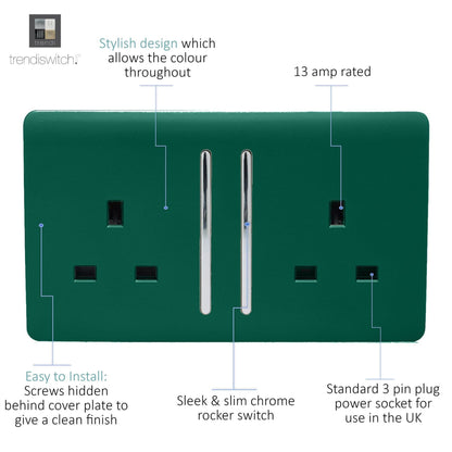 Trendi Switch 2 Gang Long Switched Plug Socket in Dark Forest Green