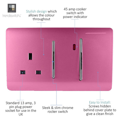 Trendi Switch 45 Amp Cooker Switch & 13 Amp Plug Socket with Neon in Candy Pink