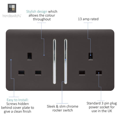 Trendi Switch 2 Gang Long Switched Plug Socket in Dark Mocha Brown